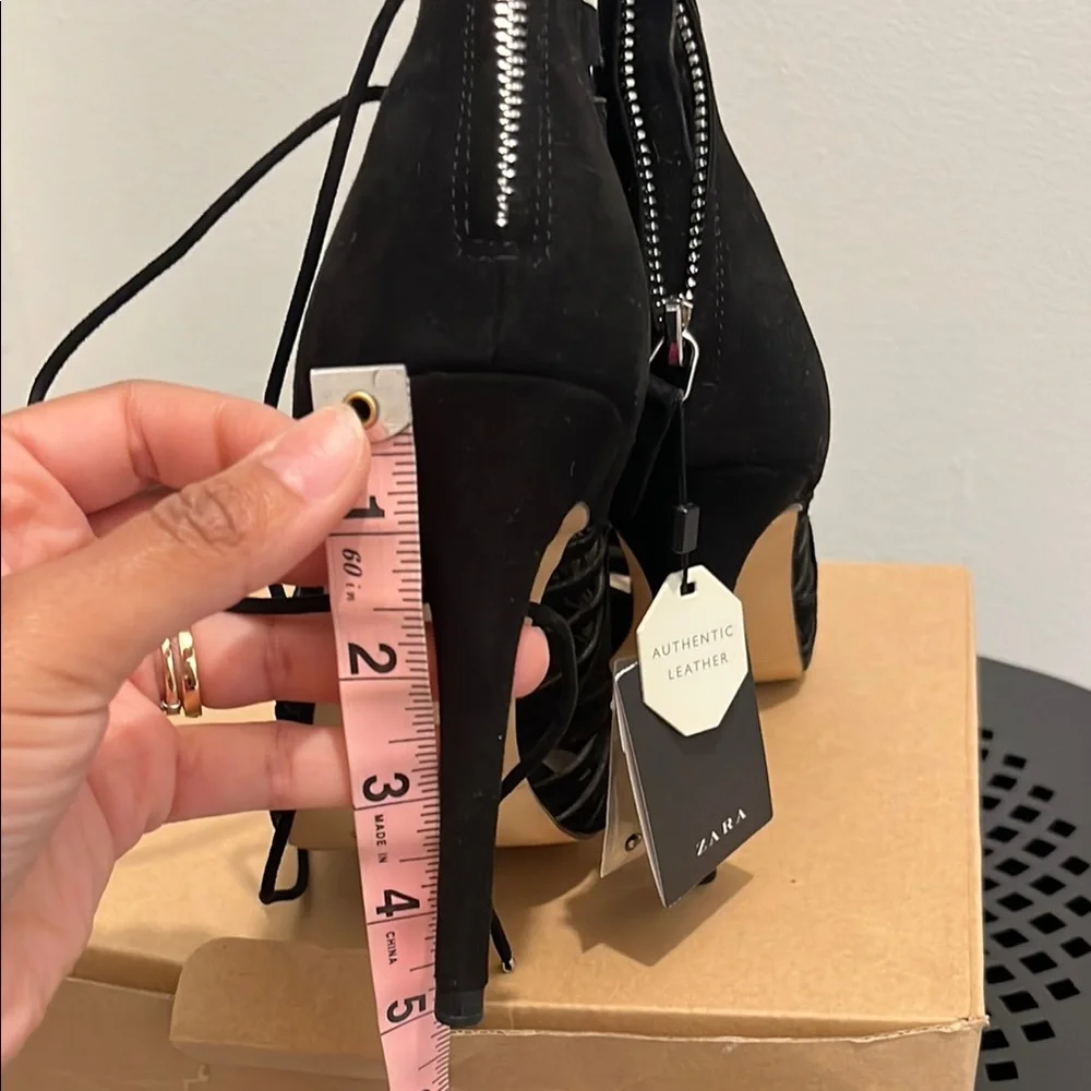 Zara Black Leather/Suede Lace-Up Heels